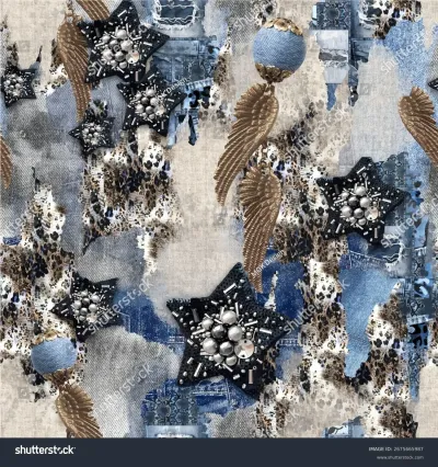 Seamless vector pattern with glamorous beaded stars, golden wings, and a trendy mix of distressed denim, leopard print, and textile textures. A stylish allover print for modern designs.