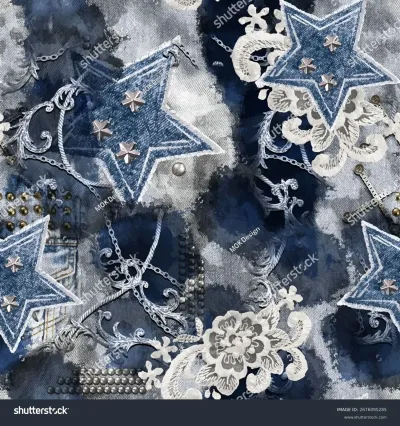 A seamless vector pattern featuring distressed denim stars, lace, shiny chains, and metallic studs on a textured background. Perfect for fashion, textile, and decorative graphics.