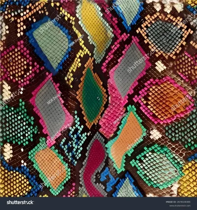 Keywords: modern art, scrapbook paper, surface design, geometric shapes, high fashion, colorful design, scale pattern, pink scales, artistic background, digital paper, visual texture, new, abstract art, blue scales, luxury background, snakeskin texture, diamond pattern, elegant print, fashion fabric, exotic style, vibrant print, square, graphic element, intricate detail, orange scales, colorful, line, turquoise, animal print, bold colors, seamless pattern, trendy pattern, packaging design, repeated motif, rich colors, wild animal, vivid hues, art, branding element, wallpaper, vector background, abstract, contemporary art, yellow scales, wrapping paper, textile design, upholstery fabric, decorative element, brown background, reptile skin, A seamless vector pattern featuring a vibrant and colorful snakeskin texture featuring geometric diamond shapes. This exotic print offers a bold, modern, and luxurious design.