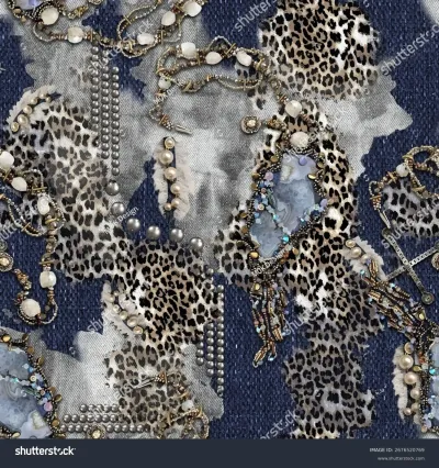 Seamless vector pattern with leopard print, denim texture, luxurious jewelry elements like pearls, chains, and shimmering gemstones. This elegant allover print is perfect for fashion and textiles.