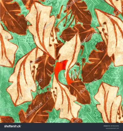 A seamless vector pattern featuring lush tropical leaves in earthy brown and cream tones, vibrant red accents, and a light turquoise textured background. A modern, botanical print with all-over textur