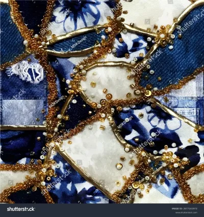 Seamless vector pattern showcasing an opulent patchwork of indigo denim, shibori inspired fabric, and soft textures, lavishly embellished with shimmering gold beads for a rich allover print.