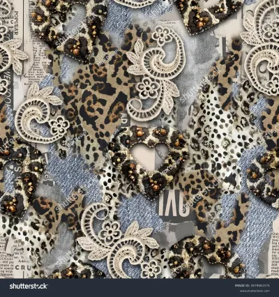 Leopar deseni, narin beyaz danteller, sağlam kot kumaşlar ve cesur gazete alıntılarından oluşan şık bir kolajın yer aldığı, çivili kalplerle süslenmiş, kusursuz vektör deseni. Her yönüyle şehirli bir