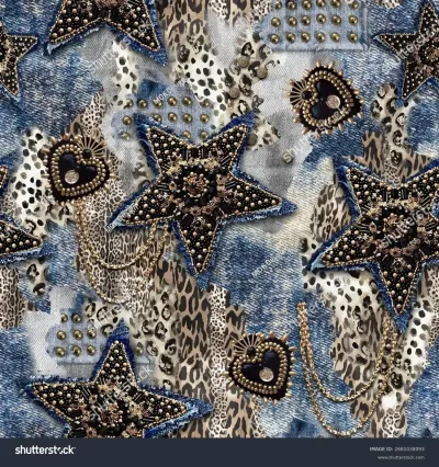A seamless vector pattern featuring distressed denim stars, lace, shiny chains, and metallic studs on a textured background. Perfect for fashion, textile, and decorative graphics.