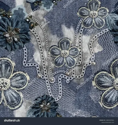 Seamless vector pattern featuring trendy denim floral appliques, glistening silver chains, delicate mesh, and sparkling beads over a chic distressed denim texture. An elegant allover print.