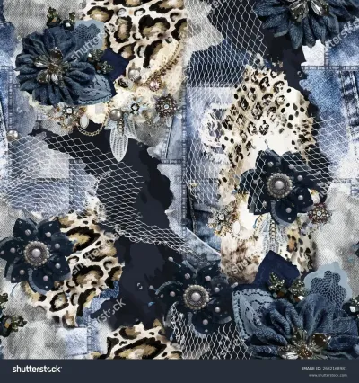 Seamless vector pattern featuring a chic collage of denim patchwork, leopard print, ornate jeweled flowers, delicate lace, and fishnet texture. An elegant allover print for fashion and decor.