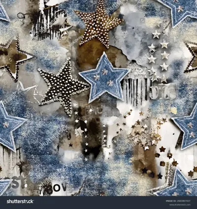 Seamless vector pattern with a dynamic grunge denim texture and an allover arrangement of stars. Features studded, glittery, and fabric stars, creating a cool and modern design for textiles digital