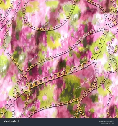 Seamless vector pattern with elegant golden chains draped across a vibrant abstract background featuring painterly strokes of pink, green, and purple. Perfect for fashion, textiles, and modern design.