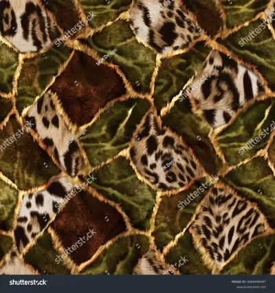 Seamless vector pattern featuring a luxurious patchwork of wild animal prints, rich faux fur textures, dark green fabric, and warm brown patches. The leopard print is bordered with gold furry stripes