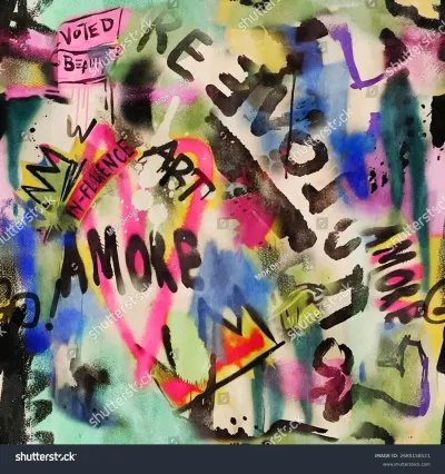 Keywords: typography, beauty, splatter, paint, revolution, youth, influence, artistic expression, white, drip, text, crown, street art, seamless, vibrant, backdrop, textile, bold, creative, heart, contemporary, background, fabric, graffiti, amore, colorful, pink, spray paint, pattern, yellow, rebellious, modern, chaotic, design, vector, energetic, art, grunge, green, wallpaper, texture, black, words, artistic, abstract, blue, urban, purple, splash, fashion, Seamless vector pattern with vibrant street art graffiti, featuring expressive spray paint textures, abstract shapes, bold words like Amore and Art, and dynamic colorful splatters for an urban grunge