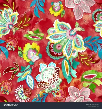 Keywords: surface design, apparel, red, intricate, bohemian, bloom, botanical, leaves, white, floral, ethnic, flowers, seamless, vibrant, ornate, textile, brown, decorative, background, fabric, watercolor effect, colorful, magenta, pink, pattern, yellow, turquoise, petals, gold, allover, paisley, exotic, vector, elegant, digital, art, green, wallpaper, home decor, vintage style, artistic, rich, teal, orange, tropical, foliage, print, blue, illustration, fashion, Seamless vector pattern with vibrant bohemian floral and paisley motifs on a rich red watercolor textured background. An ornate allover print perfect for textile and surface design.