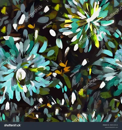 Keywords: surface design, apparel, leaves, white, dynamic, floral, painterly, flowers, seamless, vibrant, invitation, textile, brown, decorative, creative, contemporary, background, fabric, unique, wall art, pattern, yellow, interior, modern, design, repeat, allover, dark, vector, graphic, elegant, organic, energetic, green, wallpaper, nature, texture, home decor, black, artistic, packaging, teal, abstract, digital art, wrapping paper, foliage, print, illustration, brushstroke, fashion, Seamless vector pattern with vibrant abstract floral brushstrokes in teal, green, and yellow on a dark background. Artistic allover print for modern design projects and textiles.