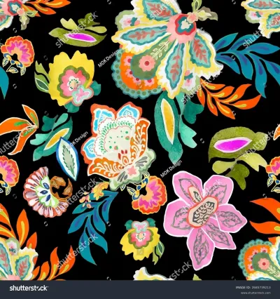 Keywords: surface design, decorative art, apparel, eclectic, psychedelic, spring, bohemian, botanical, leaves, trendy, floral, ethnic, flowers, seamless, vibrant, textile, decorative, contemporary, background, fabric, repetitive, colorful, bright, pattern, summer, vivid, indian inspired, ornament, modern, design, exotic, rich colors, vector, graphic, organic, black background, wallpaper, nature, home decor, retro, artistic, abstract, paisley elements, watercolour style, tropical, wrapping paper, print, illustration, fashion, hand drawn, Seamless vector pattern with vibrant bohemian flowers and leaves in a joyful allover print. Colorful artistic botanical design on a black background, perfect for textiles or digital art.