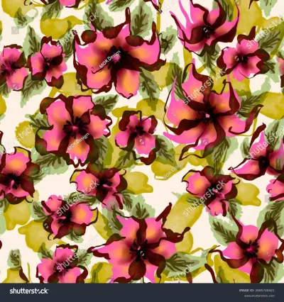 Seamless vector pattern with vibrant fuchsia and gold flowers and olive green leaves creating a striking watercolor inspired allover print. Perfect for textiles and digital projects.