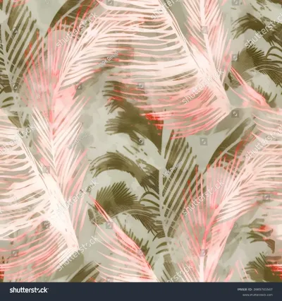Seamless vector pattern with stylized tropical palm leaves in vibrant coral and muted olive tones, creating a modern and exotic allover print for textiles and decor.