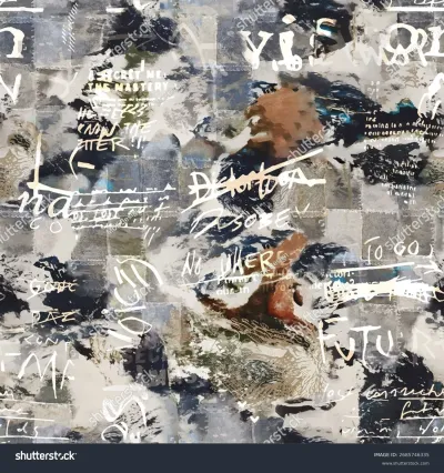 Keywords: aesthetic, surface design, collage, artsy, vector art, apparel, allover print, expressive, white, light tones, olive, fabric print, dynamic, street art, handwriting, raw, scribbles, brown, creative, mystery, contemporary, background, repeat pattern, graffiti, calligraphy, rough, dark tones, distressed, gray, modern, seamless pattern, chaotic, mixed media, grunge, wallpaper, neutral tones, texture, home decor, black, artistic, abstract, beige, orange, industrial, blue, textile design, urban, multicolor, edgy, fashion, Seamless vector pattern with abstract grunge urban graffiti collage featuring expressive brushstrokes, handwritten text, and distressed textures, ideal for allover print designs.