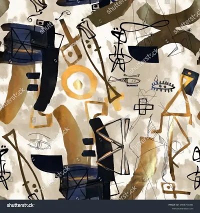 Seamless vector pattern with abstract artistic strokes, geometric shapes, and doodle elements in black, gold, and blue on a beige background. Modern allover print.